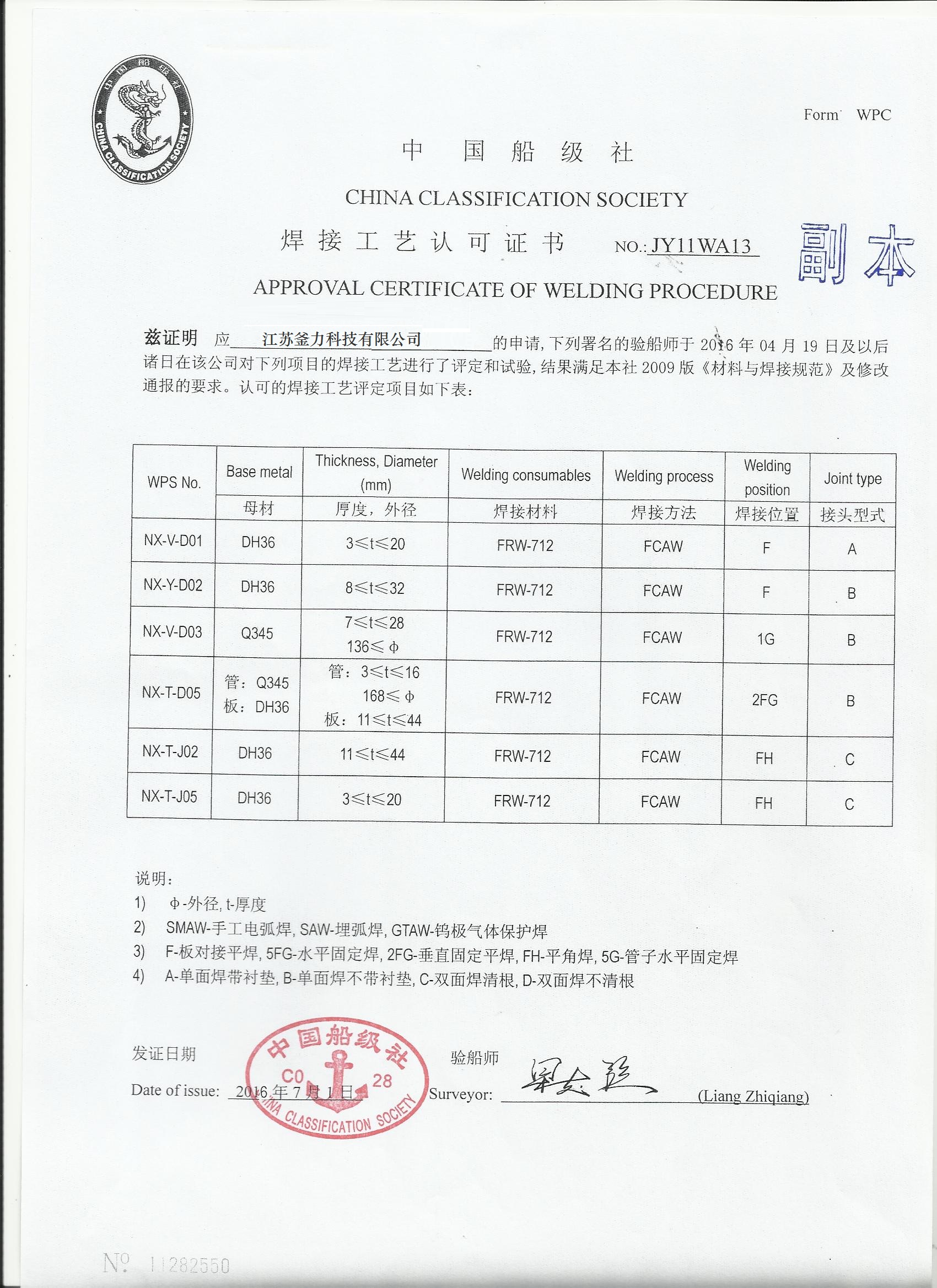 APPROVAL CERTIFICATE OF WELDING PROCEDURE